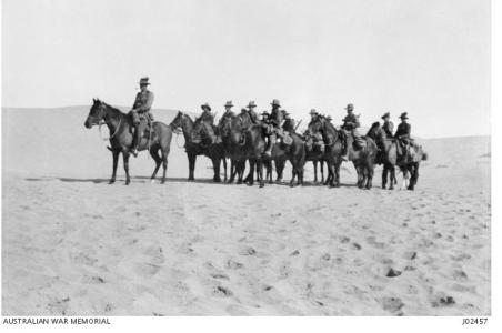 10th Light Horse on patrol  in the Suez Canal Zone 3.8.1916. Photograph donated by Maj. L.C.Timperley, photograh source AWM J02457