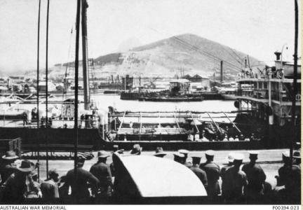 2nd Squadron AFC on board HMAT 'Ulysses' 1916 at Cape Town. Photographer unknown, photograph source AWM P00394.023