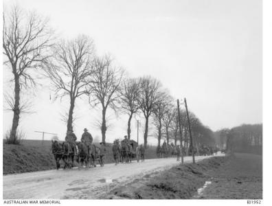 2nd Division Field Engineers 1918 on the Amiens -Beaucourt Road. Photographer unknown, photograph source E01952