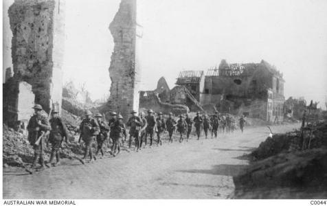 3rd Battle of Ypres, 3rd Division Soldiers marching to the front through Ypres. Photographer Barnes E.C. Photograph source AWM C0044