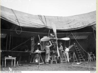 3rd Squadron. AFC mechanics at their airfield Oct.1918. Photographer unknown, photograph source E03676