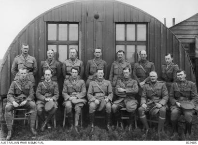 3rd Tunnelling Company at Neoux-le-Mine, France 19.6.1916. Hillman seated 3rd from left in front row. Photograph by unknown Official Photographer. Source AWM E02485