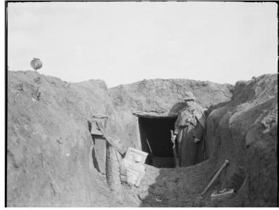 43rd Bn HQ dugout between Sailly-Le-Sec and Corbie Bary Rd. March 30th 1918. Photographer unknown, photograph source AWM E01847