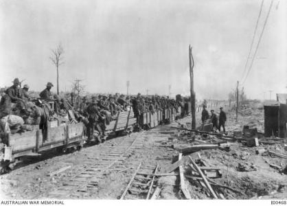 4th Pioneers moved on light rail behind the front lines. Photographer unknown, photograph source AWM E00468