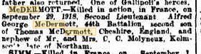 A G McDermott. Western Mail 6.12.1918. Family Notices p18 