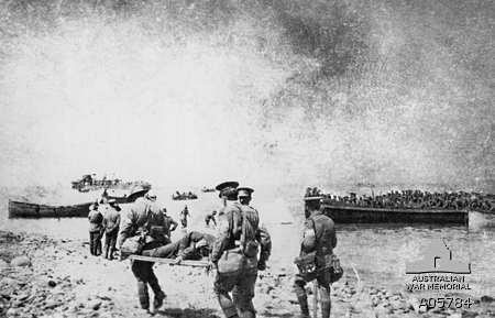 Stretcher bearers at Gallipoli. Photographer unknown, Photograph source AWM A05784