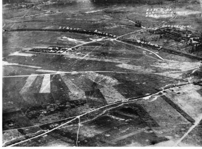Aerial view of Dernacourt  area showing rail France, May 1918. Photographer unknown, photograph source AWM A010509