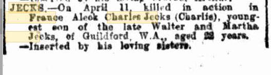 Alec Jecks. Obiturary. Source Western Mail 18.5.1917 p42