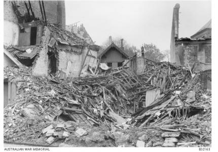 Amiens- shelled houses 1918, Photographer unknown, photograph sourced AWM E02163 