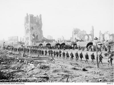 Anzac Soldiers marching to the front line, Ypres 1917. Photographer F. Hurley, photograph source AWM E04612