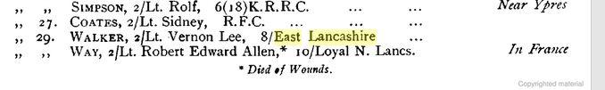 Artists Rifles Roll of Honour 1917. p16.  Walker 2/Lieut. Vernon Lee 8th Bn East Lancashire Regiment.