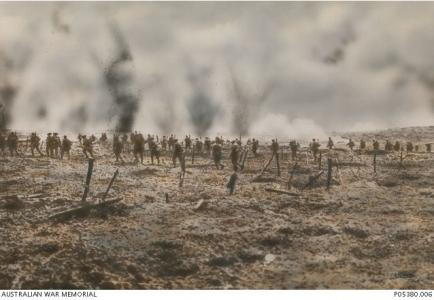 Attack on Polygon Wood 1917. Postcard by Colart Studio 1921, image courtesy AWM P0538.00