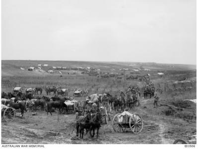 Australian Artillery passing through acaptured section of the Hindenburg Line, Oct. 1918. Photographer unknown, Photograph source AWM E03506