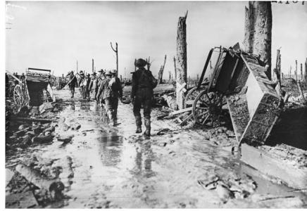 Australian Soldiers en route to the Front line at Flanders, October 1917. Photographer unknown, photograph source AWM E01187