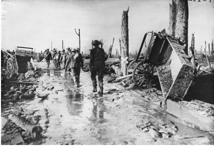 Australian Troops marching to the Front, Third battle of Ypres. Photographer unknown, photograph source AWM  E01187