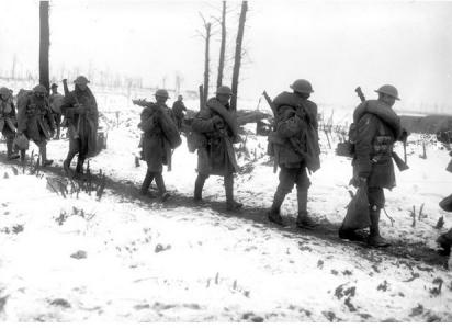 Australian Troops marching to the front at Longueval, January 1917. Photographer unknown, photograph source AWM E00136