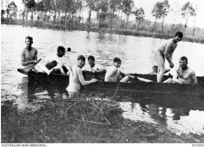 Australian soldiers bathing in the Somme near Amiens 1918. Photograph purchased from C. Wadeson, photograph source AWM H17003