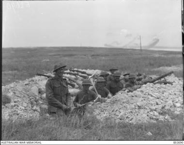 Battle of Hamel. Australian and American troops dug in 1918. Photographer unknown, photograph source AWM  E0269