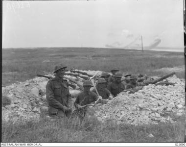 Battle of Hamel. Australian and American troops dug in.1918. Photographer unknow, photograph sourced from the Pictorial Collection Australin War Memorial