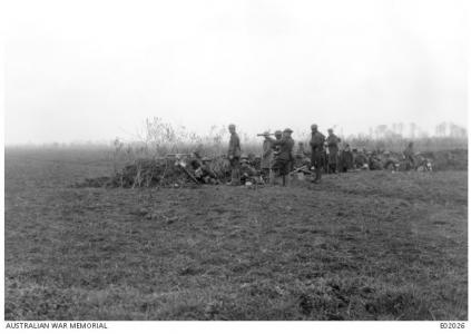 Bombing of Stratzeele, watched by Australian troop at Borre 1918. Photographer unknown, photograph source AWM E02026