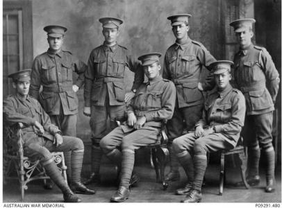 &#039;C&#039; Company 32nd Bn. Allan W. Copley front right (DOW). Back row 2nd from right Ernest Mellows who was shot with Copley in Fromelles. Photographer unknown, photograph source AWM P09291.480