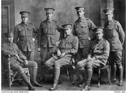 'C' Company 32nd Bn. Allan W. Copley front right (DOW). Back row 2nd from right Ernest Mellows who was shot with Copley in Fromelles. Photographer unknown, photograph source AWM P09291.480