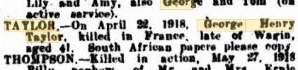  George Henry Taylor. Obituary. Western Mail 14.6.1918 Family Notices p19