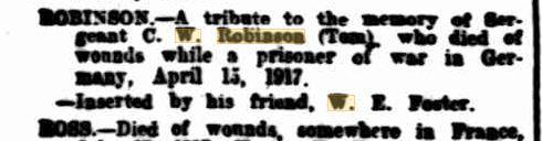 C.W. Robinson. Obituary.  Family Notices The West Australian 9.8.1917 p1