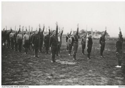 Australian soldiers training in fitness at Larkhill. Photographer unknown, photograph source AWM H0045