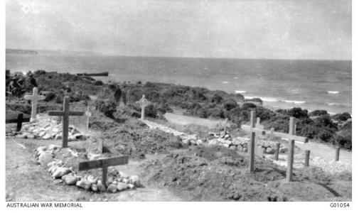 Cemetery at Queensland Point, Gallipoli Peninsula, July 1915. Photographer unknown, photograph source AWM G01054