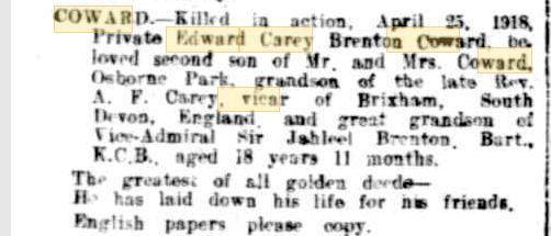 Coward Edward Carey. Obituary in West Australian Newspaper 23.5.1918 p 1 Family Notices
