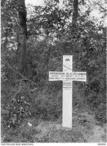 Cross for the men of the 51st who fell at Bois de l'Abbe 24/2.4.1918. Photo May 1918. Photographer unknown, photograph source AWM E04856