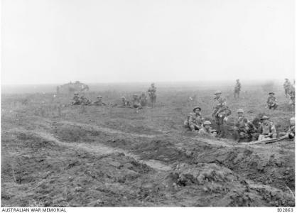 Stretcher bearers of the 8th Field Ambulance, near Villers-Bretonneux, France . Phootgrapher unknown, photograph source AWM E02863
