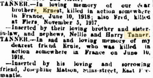 Ernest Tanner. Obituary. Western Mail 5.7.1918 p19 Family Notices