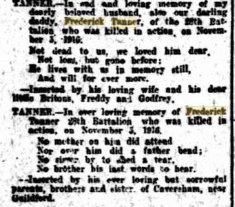 F. Tanner Obituary. Family Notices. West Australian  7.12.1916  p1