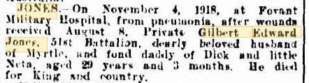 G.E. Jones. Image source Western Mail 22.11.1918 Family Notices p26