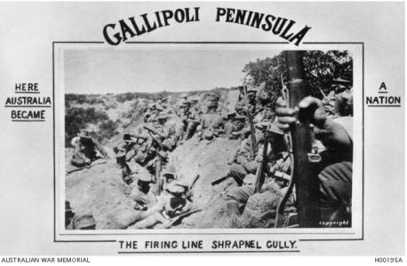 Gallipoli, Soldiers at the ready in the firing line at Shrapnel Gully 1915. Photographer unknown, photograph source AWM H00195A 