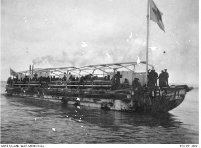 Gallipoli. Hospital barge carrying sick and wounded  to Hospital Ships. Photographer unknown, photograph source AWM P00591.00