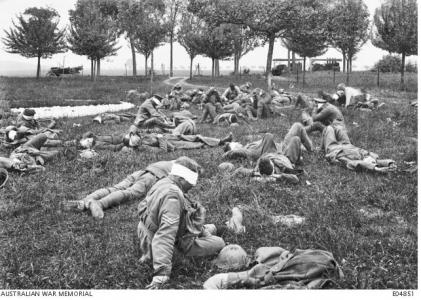 Gassed Australian soldiers awaiting treatment, Boise deL&#039;Abbe 1918. Photographer unknown, photograph source AWM E04851