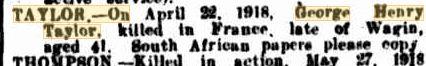 George Henry Taylor. Obituary. Source Western Mail  14.6.1918 p1