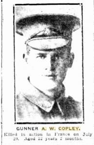 Gnr. A.W. Copley,  DOW. Photograph sourced from the Sunday Times 3.9.1916 p1