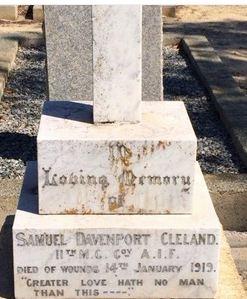 Grave of Samuel Davenport Cleland, DOW 14.1.1919. Grave located in Fremantle Cemetery, Palmyra WA. Image source Billion Graves
