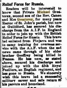 Greatorex, Michael. Article South Western Advertiser 27.6.1919 p2