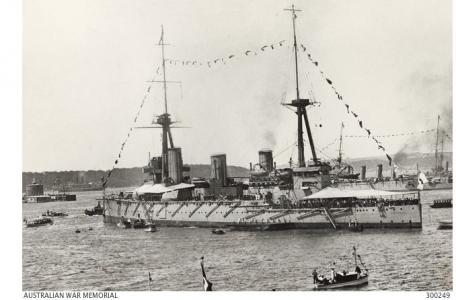 HMAS &#039;Australia&#039; 1913 in Sydney Harbour. Photographer  unknown, photograph source AWM 300249