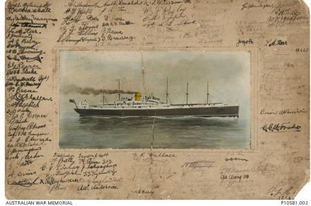 HMAT 'Argyllshire' 1914-15. Postcard by Geyer Studio NSW, photograph source AWM P10581.002