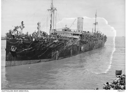 HMAT 'Borda' departing Melbourne Wharf 1916. Photographer Josiah Barnes, photograph source AWM PB0277