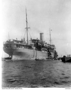 HMAT &#039;Canberra&#039;  taking coal onboard in Columbo 1917. Photographer unknown, photograph source AWM C0333