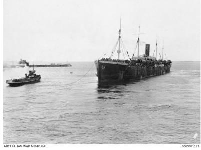 HMAT Persic leaving Melbourne Wharf. Photographer Josiah Barnes, photograph source AWM P00997.013