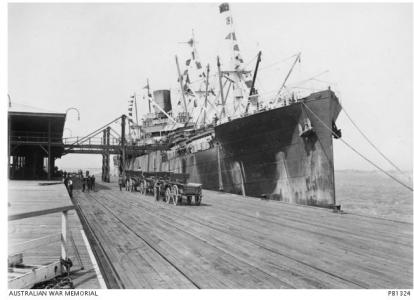 HT 'Devon F186', returned troop ship at Fremantle 1919. Photographer Josiah Barnes, photograph sourced AWM PB1324