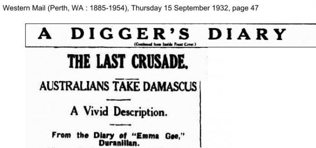 Hilton Mclean Campbell&#039;s diary on the charge at Damacus. Source Western Mail 15.9.1932 p47